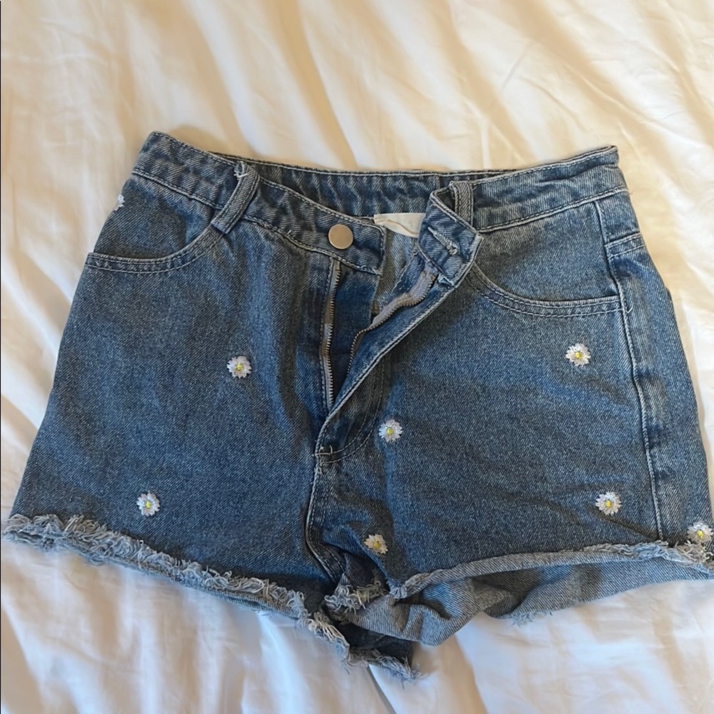Altar'd State Blue Jean Shorts with Daisy Accents